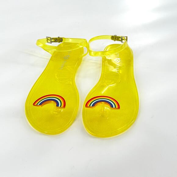 Katy Perry Jelly Rainbow Sandals 9 NWOT Yellow Flat Ankle Strap Beach Travel - Picture 8 of 8